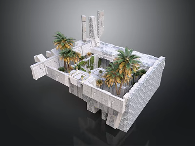 Modern Courtyard Architecture Design With Stone Walls Palm Trees And Open Space 3d model