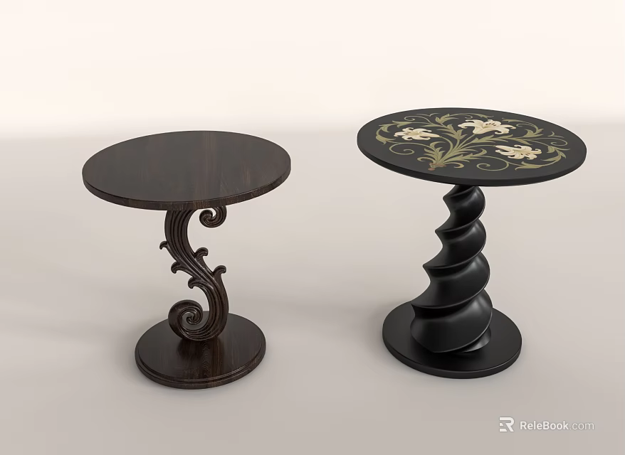 Dark Wooden Round Side Tables With Spiral Base And Curved Scroll Decorative Legs 3d model 