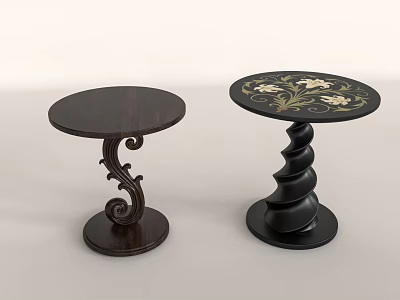 Dark Wooden Round Side Tables With Spiral Base And Curved Scroll Decorative Legs 3d model