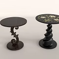 Dark Wooden Round Side Tables With Spiral Base And Curved Scroll Decorative Legs