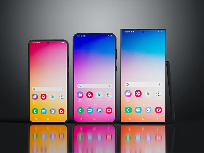 Three Modern Smartphones With Colorful Bright Screens And App Icons 3d model