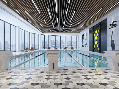 Indoor Swimming Pool Interior With Large Windows Hexagonal Floor Ceiling Design Seating Area Wall Art 3d model