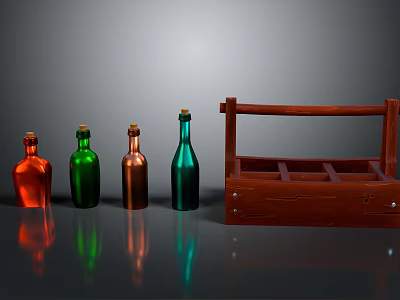 Colorful Glass Bottles With Wooden Wine Rack On Reflective Display Surface 3d model