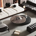 Modern Living Room Sofa Coffee Table Combination With L shaped Design And Round Wooden Top