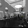 Modern Beauty Salon Interior With Styling Chairs Large Mirrors Circular Decorations And Spiral Staircase