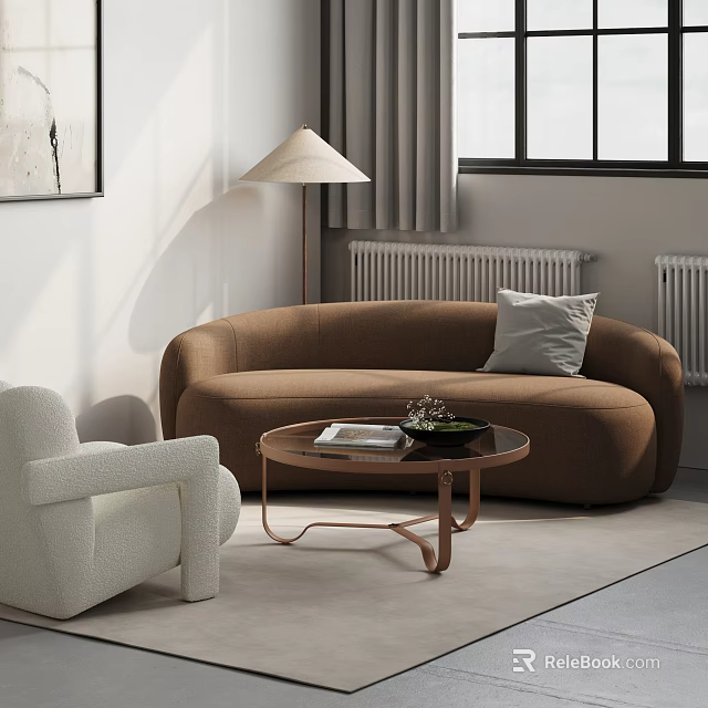 Modern Living Room Interior with Brown Curved Sofa Round Coffee Table and White Armchair 3d model 