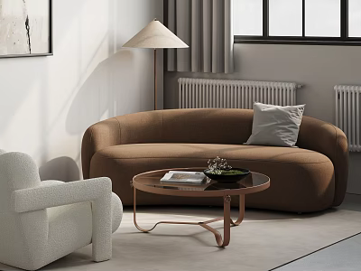 Modern Living Room Interior with Brown Curved Sofa Round Coffee Table and White Armchair 3d model