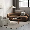 Modern Living Room Interior with Brown Curved Sofa Round Coffee Table and White Armchair