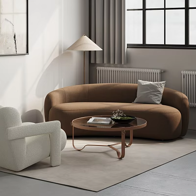 Modern Living Room Interior with Brown Curved Sofa Round Coffee Table and White Armchair 3d model