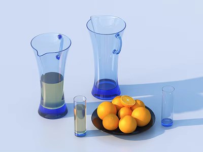 Blue Glass Tableware Set with Pitchers Glasses Fruit Plate and Oranges 3d model