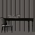 Dark Desk with Vintage Legs Patterned Chair Photo Frames Books Lamp in Light Shadow Background