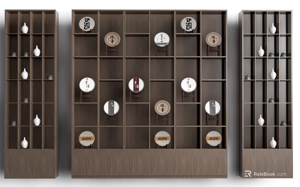 Wooden Entryway Side Cabinet With Dark Brown Shelves And Circular Decorative Items 3d model 