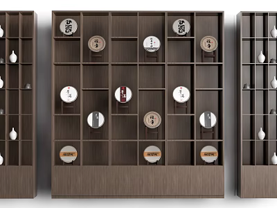 Wooden Entryway Side Cabinet With Dark Brown Shelves And Circular Decorative Items 3d model