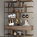 Modern Display Shelf With Wooden And Metal Frame Holding Decorative Vases Sculptures And Shells