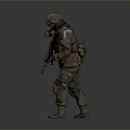 Soldier In Protective Suit With Gas Mask Holding Rifle Standing Pose