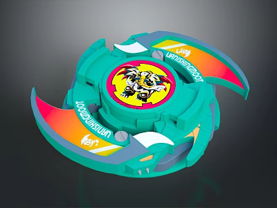 Green Spinning Top Toy With Colorful Blades And Central Character Emblem 3d model