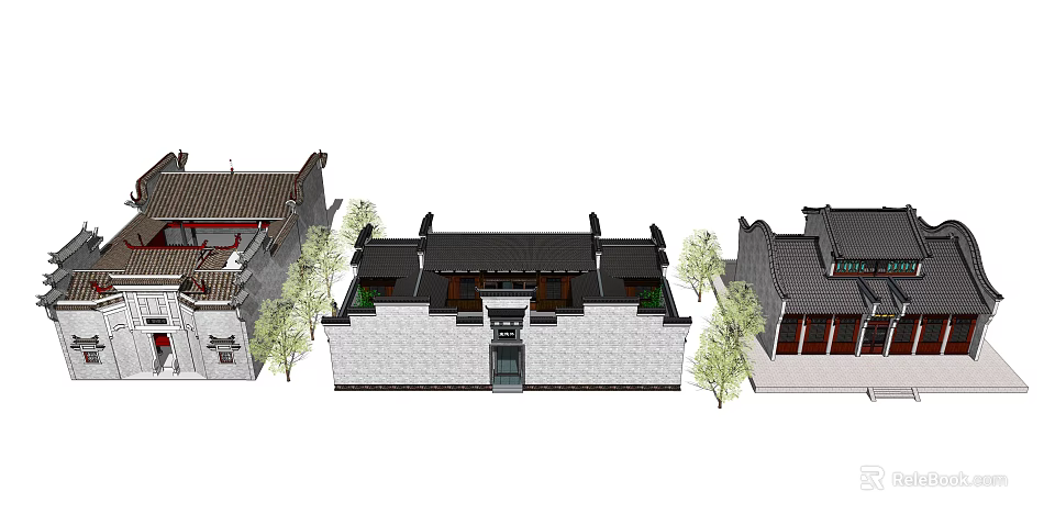 Traditional Ancient Chinese Architecture Courtyard With Grey Tiles White Walls Overhanging Eaves And Trees 3d model 