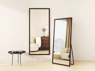 Stylish Wall Mounted And Floor Standing Mirrors Reflecting Living Room With Sofa Bedside Table Curtains 3d model