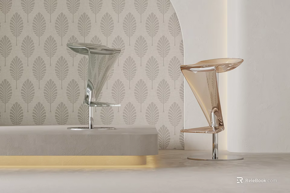 Stylish Modern Transparent Bar Stools With Metal Base And Patterned Wallpaper 3d model