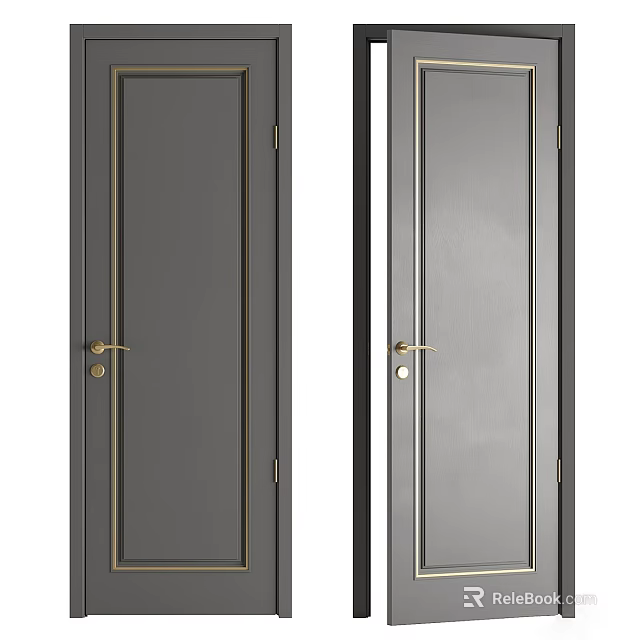 Modern Elegant Hinged Door Design With Gray Panel Silver Surface And Golden Handle 3d model 