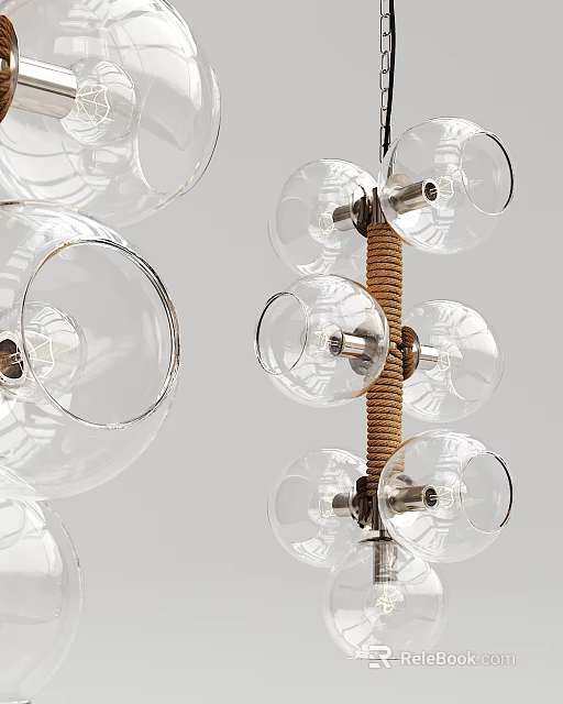 Modern Transparent Glass Spherical Chandelier With Brown Woven Rope And Metal Frame 3d model 