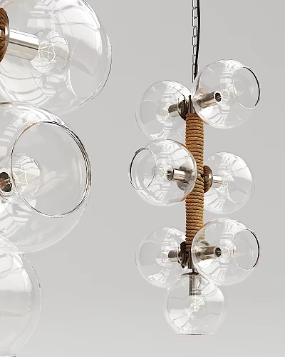 Modern Transparent Glass Spherical Chandelier With Brown Woven Rope And Metal Frame 3d model