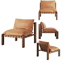 Modern Brown Leather Accent Chair With Wooden Frame And Woven Backrest Details