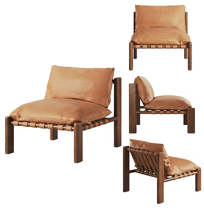 Modern Brown Leather Accent Chair With Wooden Frame And Woven Backrest Details 3d model