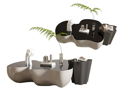 Modern Minimalist Coffee Tables With Irregular Black And White Design And Decorative Plants 3d model