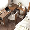 Cozy Bedroom Wooden Desk With Laptop Lamp Coffee Cup Books And Vase
