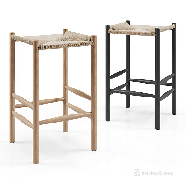 Light Wooden And Black Metal Frame Bar Stools Featuring Woven Seats 3d model 