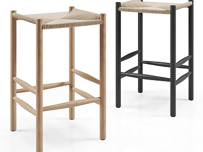 Light Wooden And Black Metal Frame Bar Stools Featuring Woven Seats 3d model