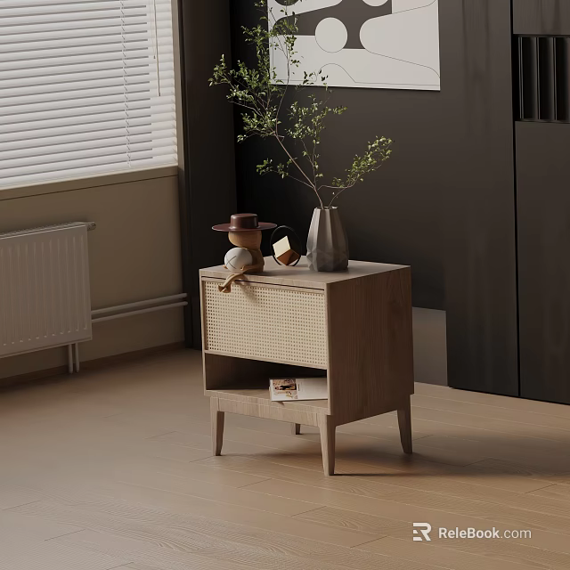 Minimalist Wooden Nightstand with Woven Drawer Decorative Vase Hat and Books on Lower Shelf 3d model 