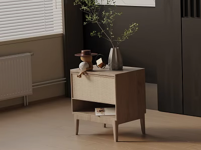 Minimalist Wooden Nightstand with Woven Drawer Decorative Vase Hat and Books on Lower Shelf 3d model