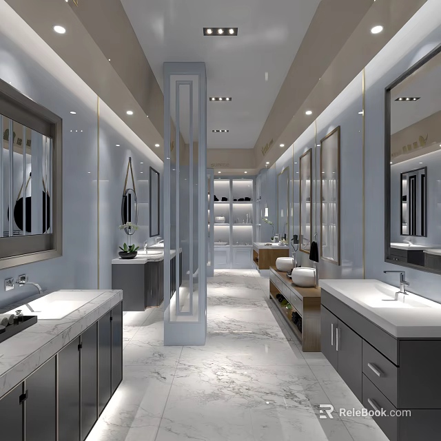Elegant Modern Bathroom Interior With Marble Countertops And Mirrored Cabinets 3d model 