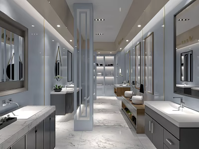 Elegant Modern Bathroom Interior With Marble Countertops And Mirrored Cabinets 3d model