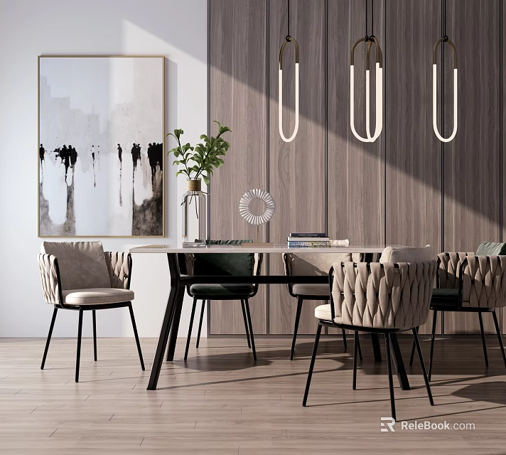 Modern Dining Table Set with Upholstered Chairs Pendant Lights Green Plant and Wooden Wall Artwork 3d model 
