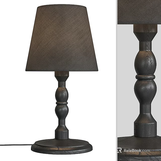Traditional Carved Wooden Table Lamp With Dark Fabric Shade And Textured Base Design 3d model 