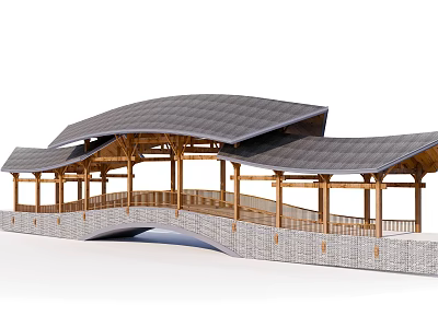 Traditional Landscape Bridge With Wooden Frame Gray Roof And Stone Railings 3d model