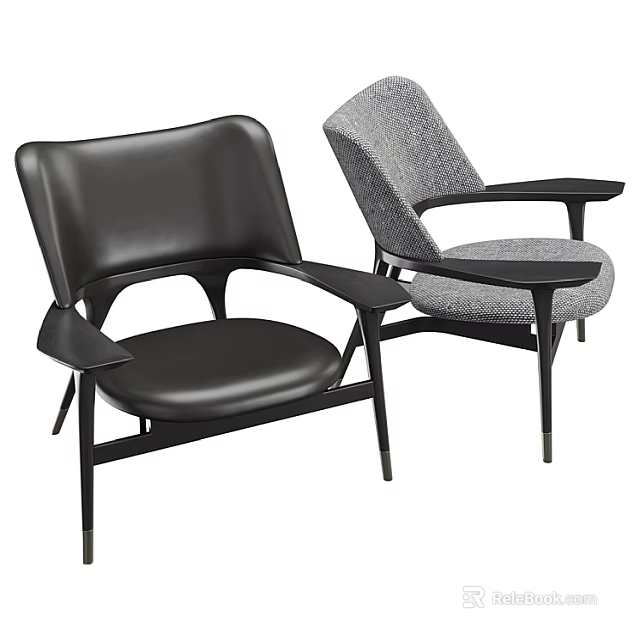 Leather and Fabric Modern Leisure Chairs with Curved Armrests and Black Frame 3d model 