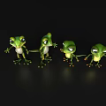 Aquatic Animals Four Green Cartoon Frogs With Different Poses On Black Background And Reflection