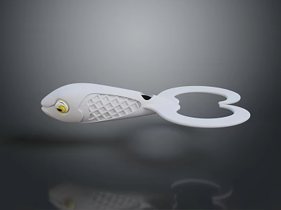 White Aquatic Fish Toy with Yellow Eyes Grid Texture and Fins Design 3d model