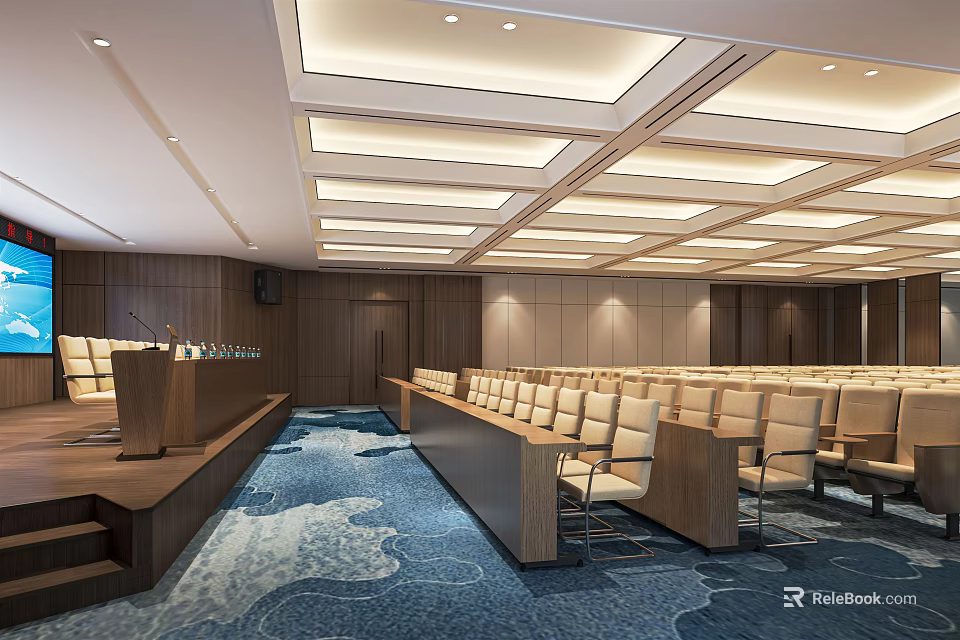 Modern Conference Room Interior With Arranged Chairs Wooden Desks Ceiling Lighting And Blue Patterned Carpet 3d model 
