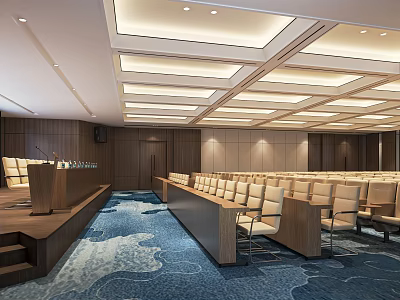 Modern Conference Room Interior With Arranged Chairs Wooden Desks Ceiling Lighting And Blue Patterned Carpet 3d model