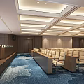 Modern Conference Room Interior With Arranged Chairs Wooden Desks Ceiling Lighting And Blue Patterned Carpet