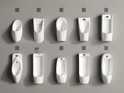 White Urinals Neatly Arranged On Gray Wall With Multiple Modern Styles 3d model