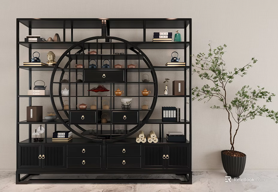 Modern Chinese Black Display Shelf with Ornaments Vases Tea Sets Books Figurines and Potted Tree 3d model 