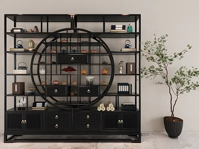Modern Chinese Black Display Shelf with Ornaments Vases Tea Sets Books Figurines and Potted Tree 3d model