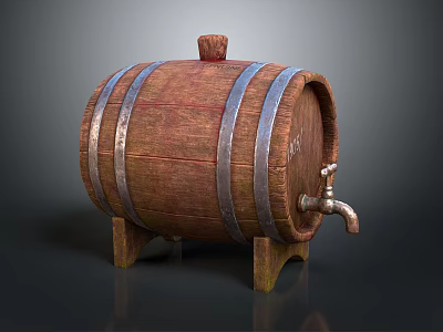 Wooden Barrel With Wooden Stopper Metal Hoops And Tap On Stand 3d model