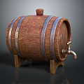 Wooden Barrel With Wooden Stopper Metal Hoops And Tap On Stand
